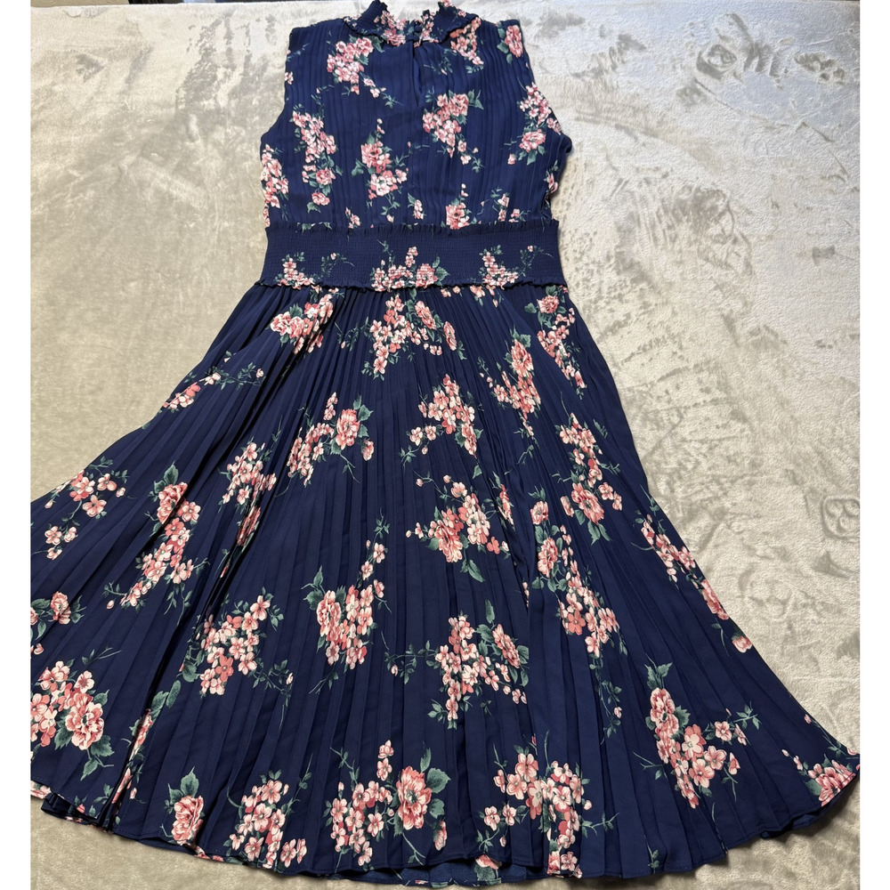 Nanette Lepore Cocktail Dress Navy Pink Floral Pleated Smocked Waist Size 12 - Picture 9 of 9